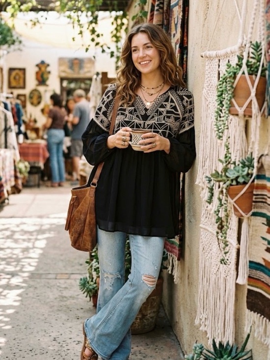 Sundance Tops - Sundance Black 100% Silk Embroidered Tunic Top Boho Geometric Yoke Large